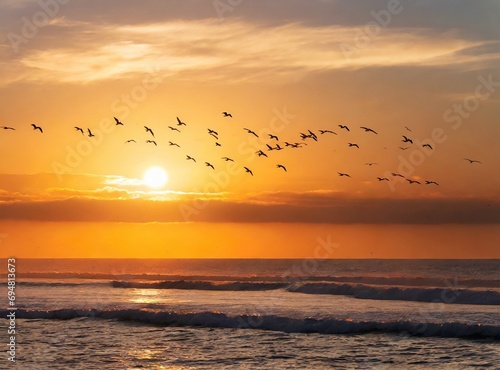 Sea landscape, beautiful sunset. Summer vacation. Travel in summer. Birds flying in the sky, over the ocean, relaxing wallpaper. © D'Arcangelo Stock