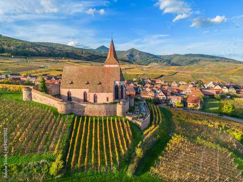 Aerial view at fortified church of Saint Jacques, Hunawihr, Haut-Rhin, Alsace, Alsace-Champagne-Ardenne-Lorraine, Grand Est, France photo