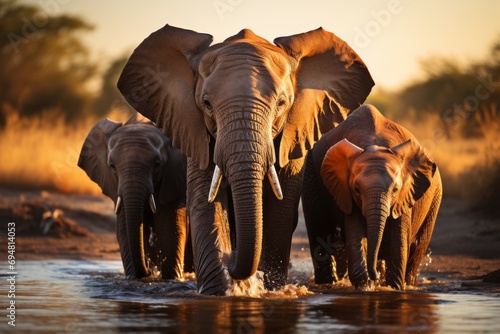 Family of elephants gathered at a watering hole, Generative AI