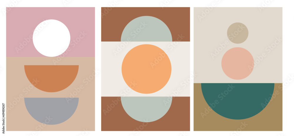 collection of modern simple minimalistic abstraction posters in geometric style on a colored background