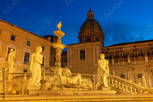 Italy, Sicily, Palermo, piazza Pretoria with the Praetoria fountain at night photo