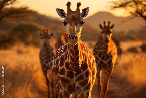 Group of giraffes gracefully moving across the plains  Generative AI