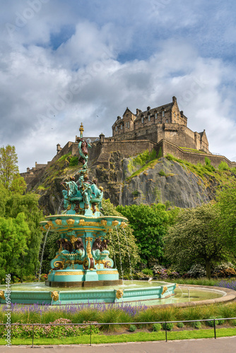 Ross Fountain with Edinburgh castle in background, UNESCO, Old Town, Edinburgh, Lothian, Scotland, UK photo