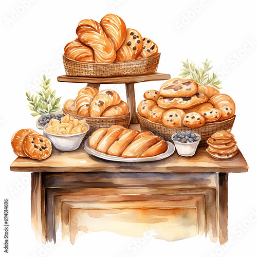 Watercolor illustration of pastry. buns, croissants.