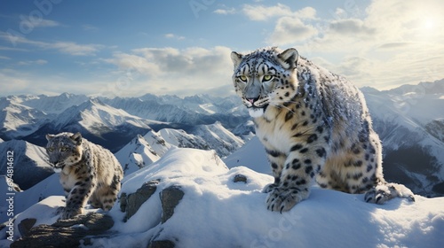 Snow leopards navigating a steep and snowy mountain terrain in a breathtaking 3D-rendered landscape. photo