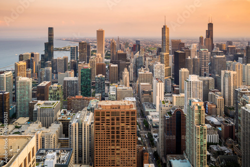 Aerial view of downtown skyline at sunset, Chicago, Illinois, USA photo