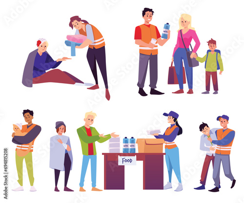 Set of volunteers helping people during natural disaster or war, flat vector illustration isolated on white background.