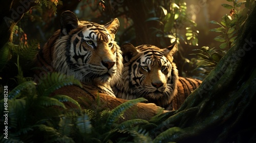 Tigers lounging in a hyper-realistic 3D-rendered forest, their sleek fur and detailed surroundings creating a lifelike scene.