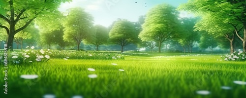 Sunlit meadow. Vibrant and refreshing image captures essence of nature in spring or summer. Lush green meadow serves as picturesque background radiating with beauty of outdoors