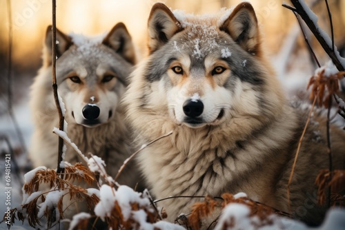 Pair of wolves in a snowy landscape, Generative AI