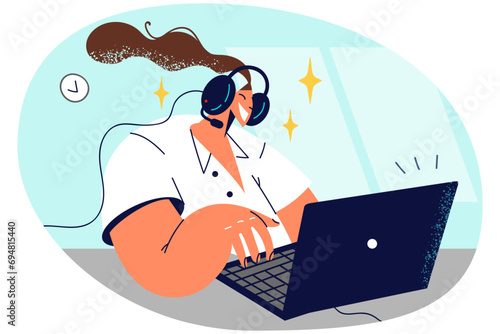 Happy woman in headset work on computer