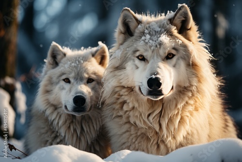 Pair of wolves in a snowy landscape, Generative AI