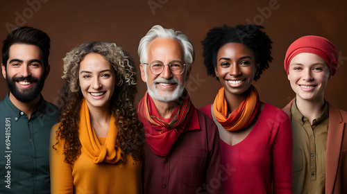 Team members smiling in a photo, in the style of realistic portrayal - group of people smiling together - .Multi ethnic mens and womens taking selfie - Ai  © Impress Designers