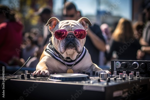 A bulldog with a DJ mixer at a street festival