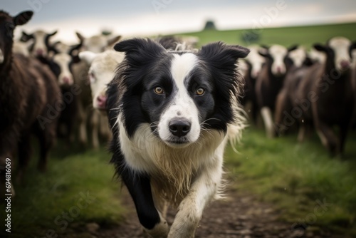 A Border Collie herding sheep in a countryside
