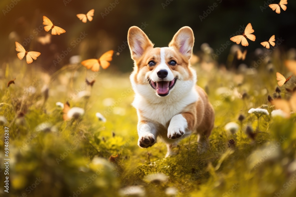 A corgi puppy chasing butterflies in a meadow A corgi puppy chasing butterflies in a meadow