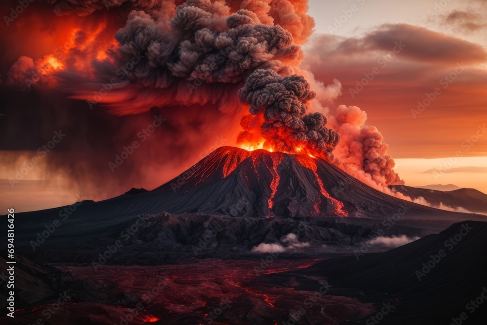 A powerful dramatic volcanic eruption with red lava, gases and thick smoke in nature. A magical unusual natural phenomenon.