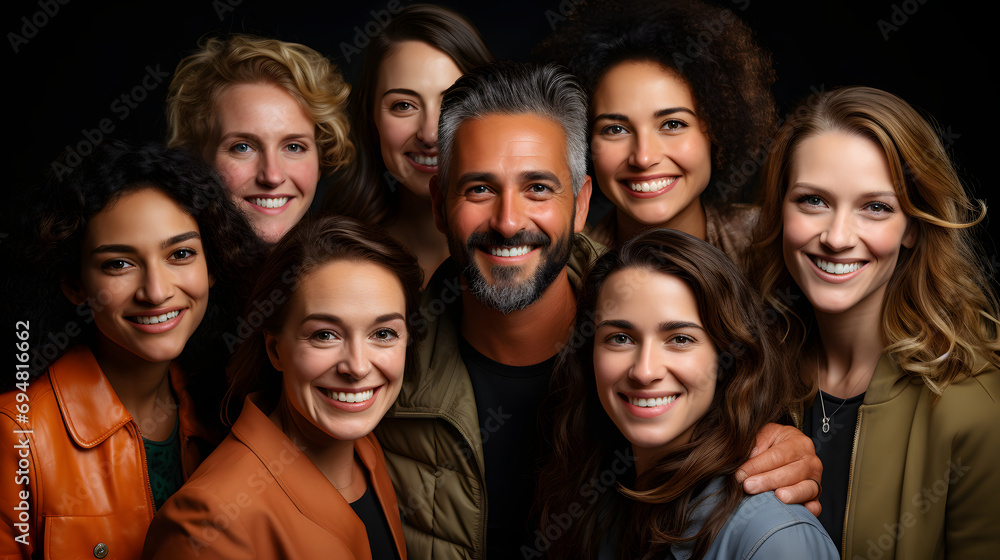 Fototapeta premium Team members smiling in a photo, in the style of realistic portrayal - group of people smiling together - .Multi ethnic mens and womens taking selfie - Ai 
