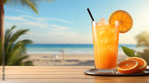 Orange Cocktail Illustration on Beautiful Beach Background