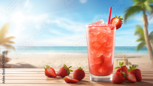 Strawberry cocktail illustration beach background with copy space for text