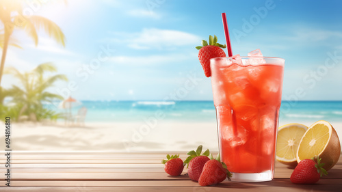 Strawberry cocktail illustration beach background with copy space for text