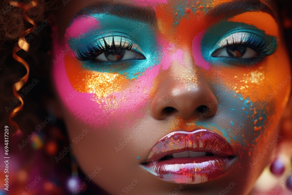 Close-up portrait of a beautiful african american woman with bright make-up. Beauty, fashion.