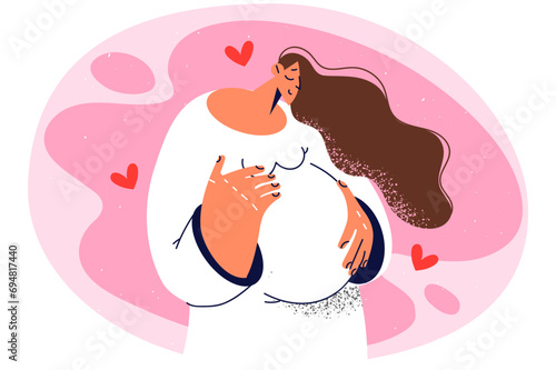 Happy pregnant woman touch belly