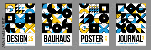 Abstract geometric posters and covers set, vector background pattern magazine or catalog templates, technic style geometric shapes composition.