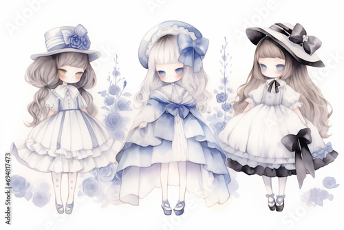 Fashion Line Up, Girls in White and Blue Victorian Dresses, Chibi Anime Style, Croquis photo