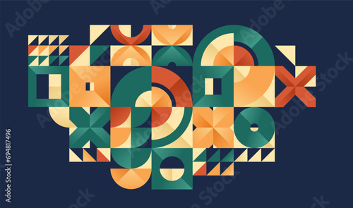 Abstract geometric background over dark, vector tiles wallpaper in colors of native ceramic, interior style trendy tiling for bathroom or kitchen, artistic pattern.