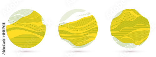 Oriental Japanese style vector abstract illustrations set in yellow color in a shape of circle, backgrounds in Asian traditional style, wavy shapes and mountains terrain, runny like sea lines.
