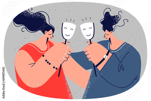 Unhappy couple hide feelings under masks
