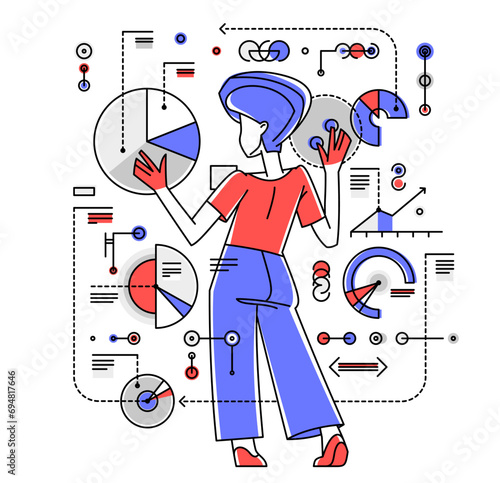 Intellectual worker woman making analysis of some data on pc or web, data systematization, collecting and analyzing information, vector outline illustration.