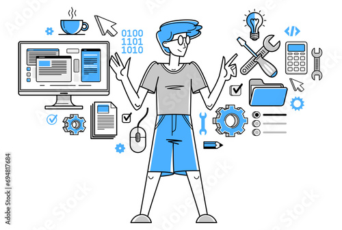 Technician computer engineer repairing pc vector outline illustration, fixing system work with software and hardware, system administrator.