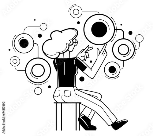 Inspired inventive woman designer or engineer composing abstract elements, creative worker doing some job and creating some system, vector outline illustration.