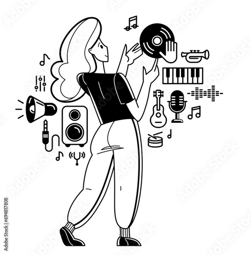 Music producer composing new track vector outline illustration, sound engineer doing his job in recording studio, composer creating audio mix.