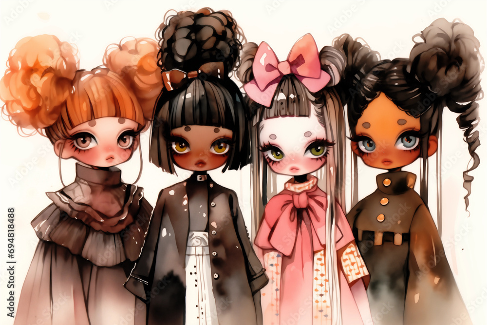 Aimée Ruffels Fashion Line Up, Girls in Dresses with Ruffles and Bows, Chibi Anime ...