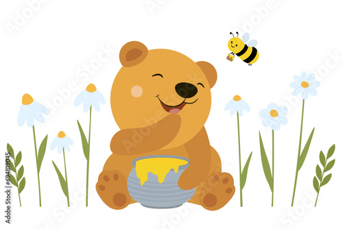 Cute teddy bear with honey, bee and flowers
