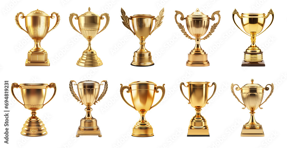Generative AI, PNG set of 10 trophy cup. Champion trophy, shiny golden cup, sport award. Winner prize	
 - obrazy, fototapety, plakaty 
