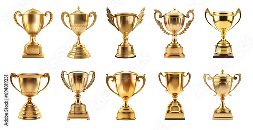 Generative AI, PNG set of 10 trophy cup. Champion trophy, shiny golden cup, sport award. Winner prize 
