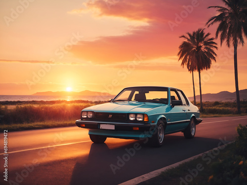 Summer vibes 80s style illustration with car driving into sunset 3D © Mahmud