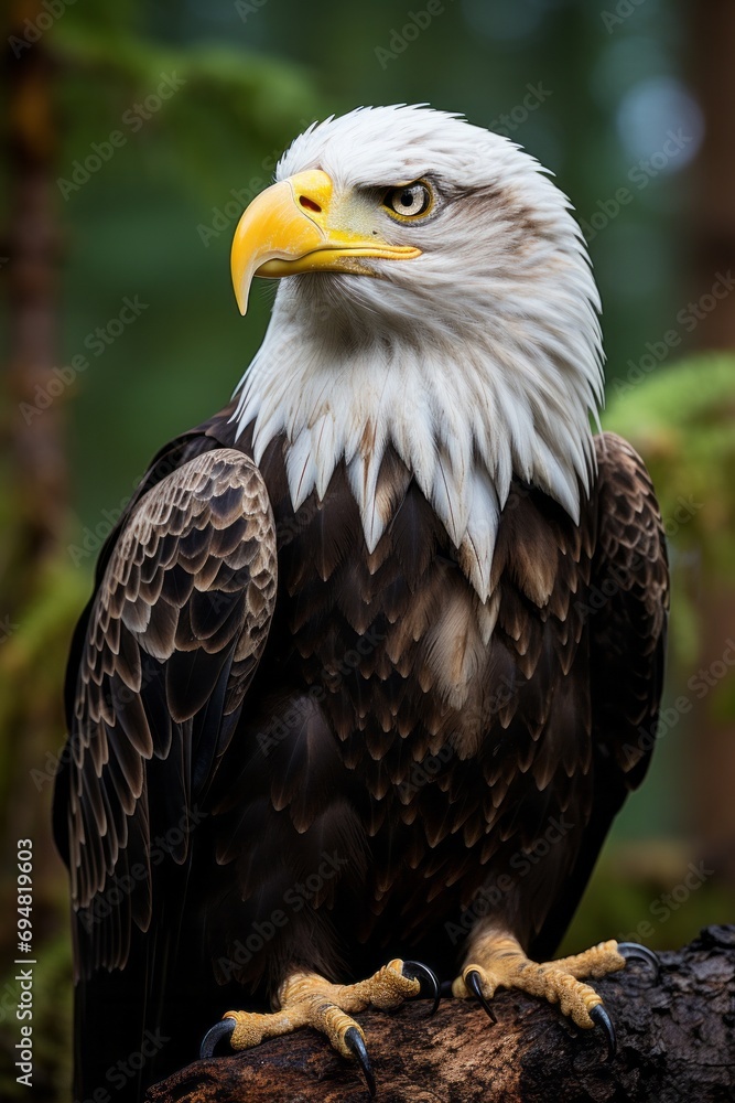 Majestic bald eagle perched on a treetop, Generative AI Majestic bald eagle perched on a treetop, Generative AI