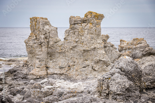 Rauks (Sea stacks) on the beach at Langhammar Nature Reserve, on Fårö island, Gotland, Sweden