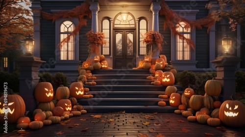 A colonial-style house with a classic Halloween setup, including a variety of pumpkins arranged on the steps