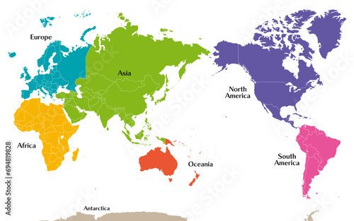 Fototapeta Naklejka Na Ścianę i Meble -  六州で色分けされた世界地図、ロシアをウラル山脈でアジアとヨーロッパに分割、パナマを北米と南米に分割、英語