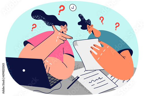 Confused couple manage paperwork at home