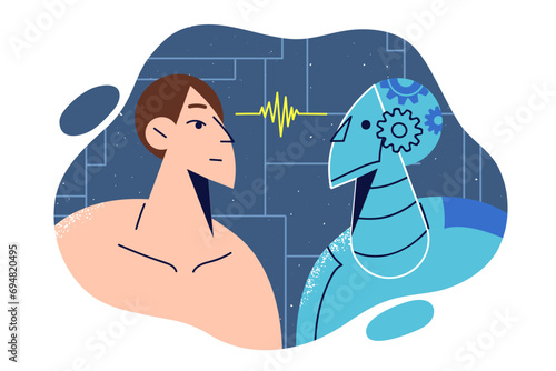 Telepathic communication between robot and AI and woman silently exchanging data at distance