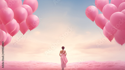 cancer day pink balloon woman sky background