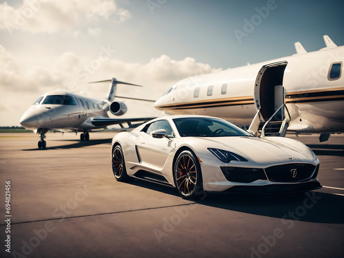 Supercar and private jet on the landing strip. Business-class service at the airport. Business class transfer. Airport shuttle.