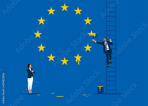 Politician climb up ladder to paint of flag European Union. European Union happiness. Vector illustration